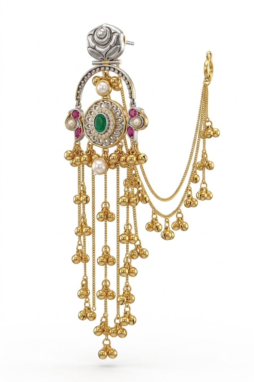 Ethnic Oxidized Jhumka Kaan Chain Earrings