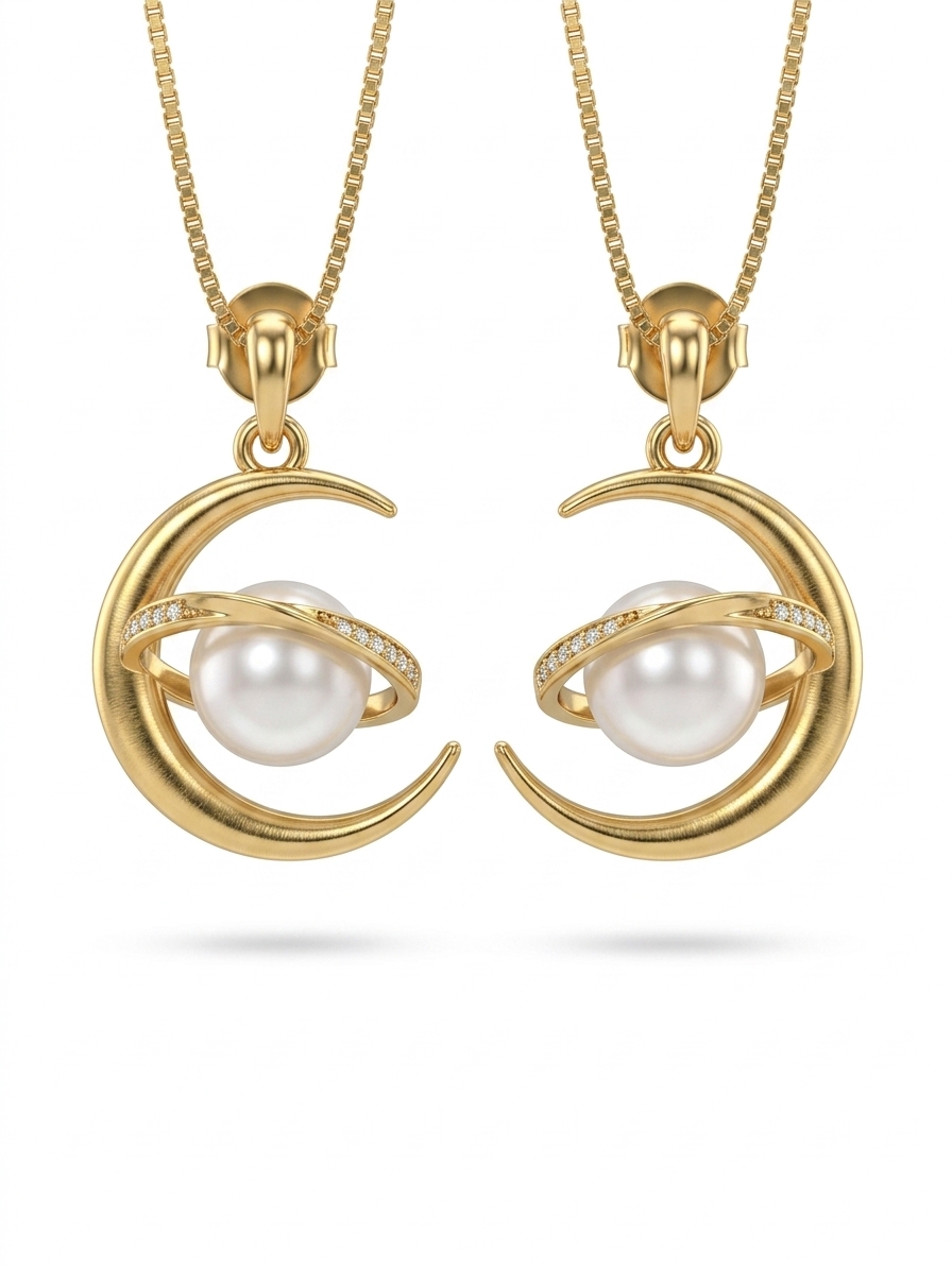 Gold Plated Pearl & CZ Crescent Moon Earrings