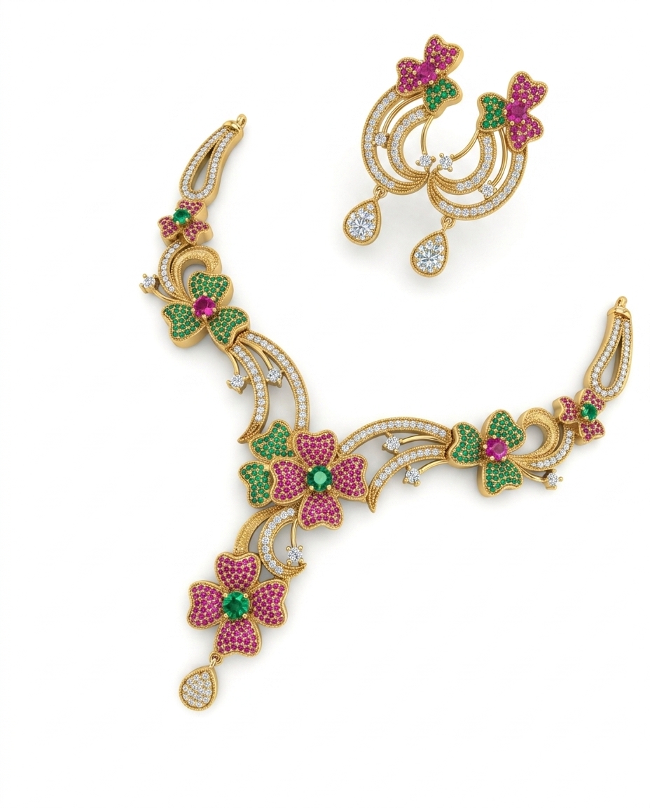 Floral Stone Studded Necklace Earrings Set