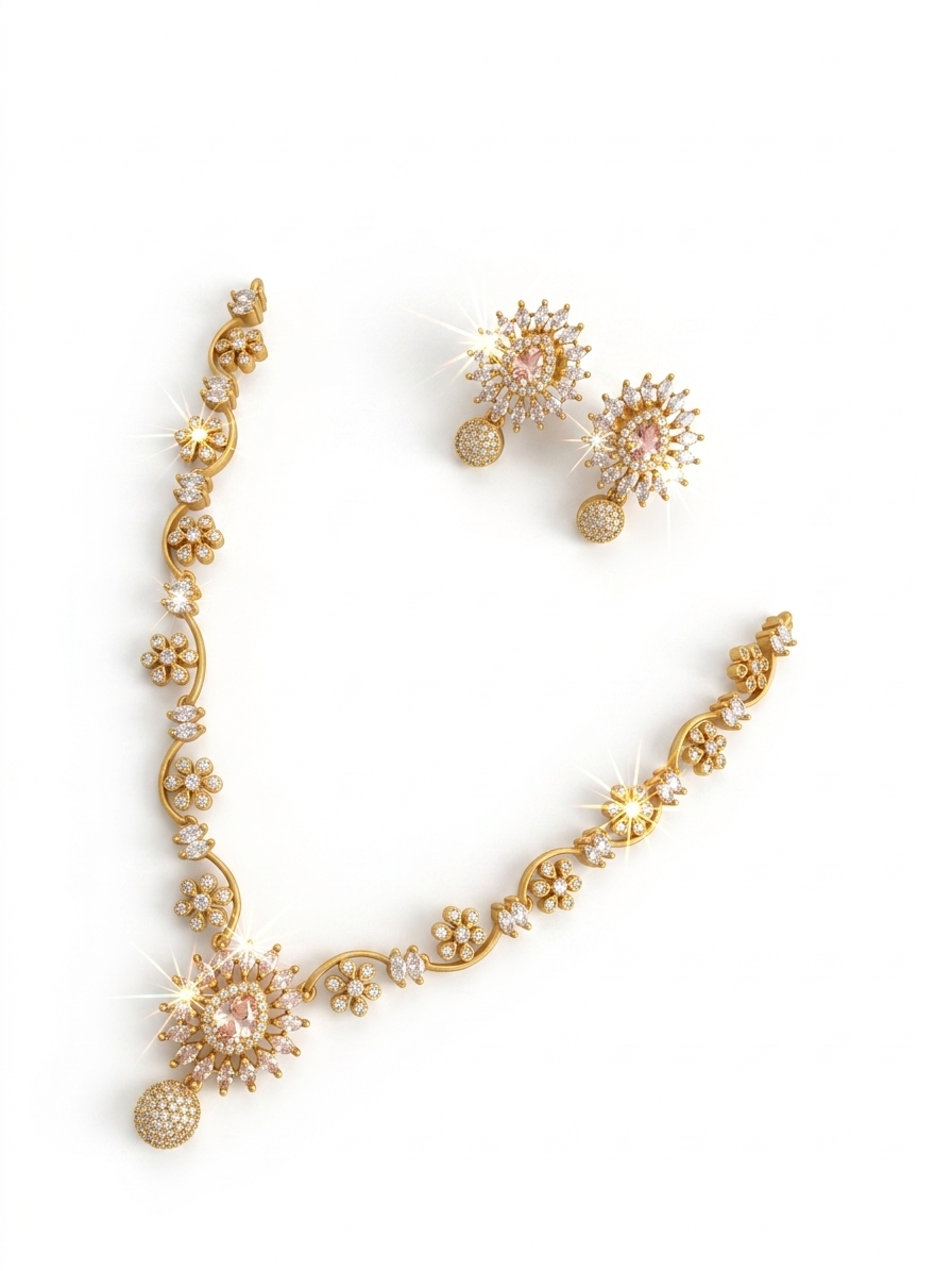 Elegant Gold Plated Floral CZ Stone Necklace Earring Set