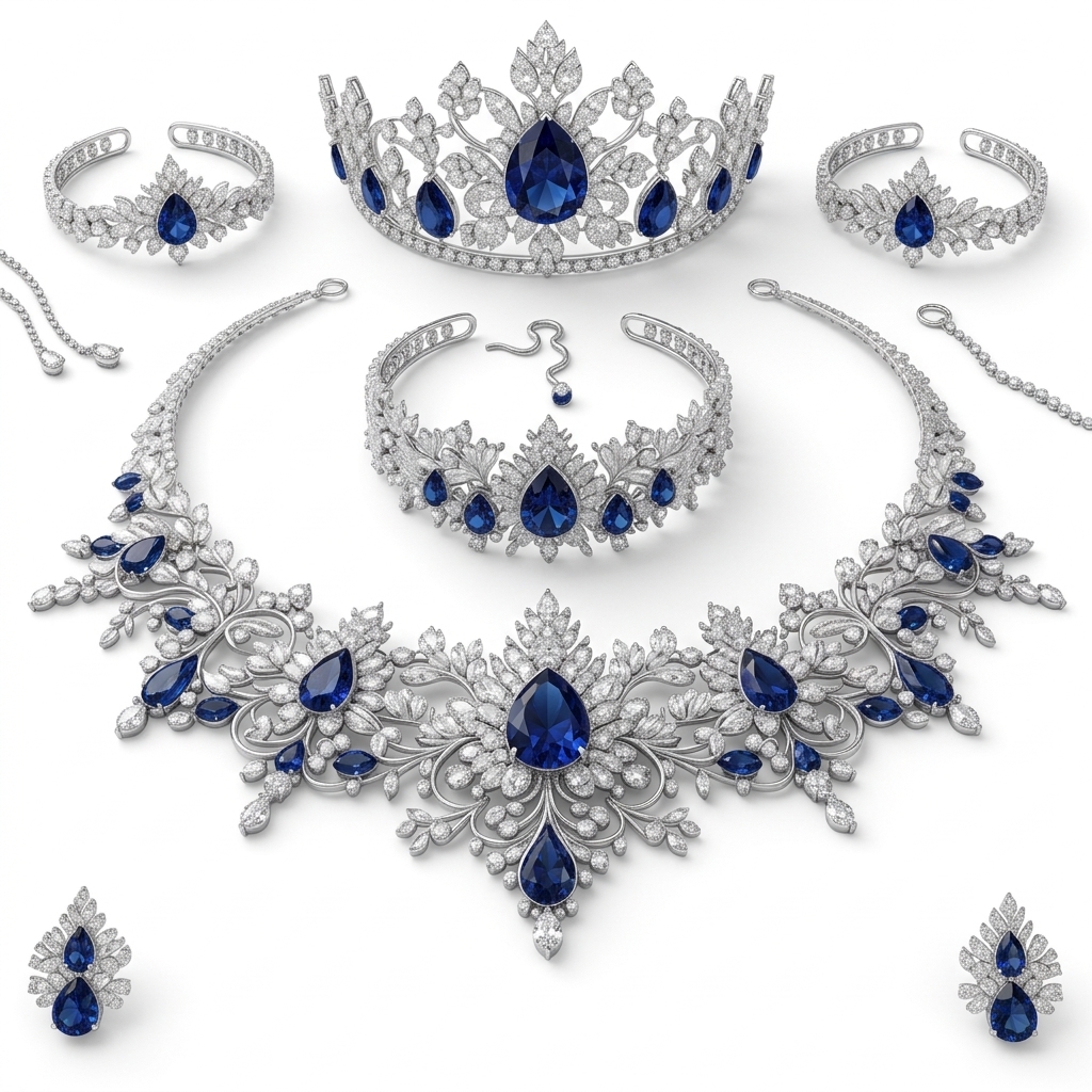 Royal Blue Bridal Jewellery Set | Tiara Necklace