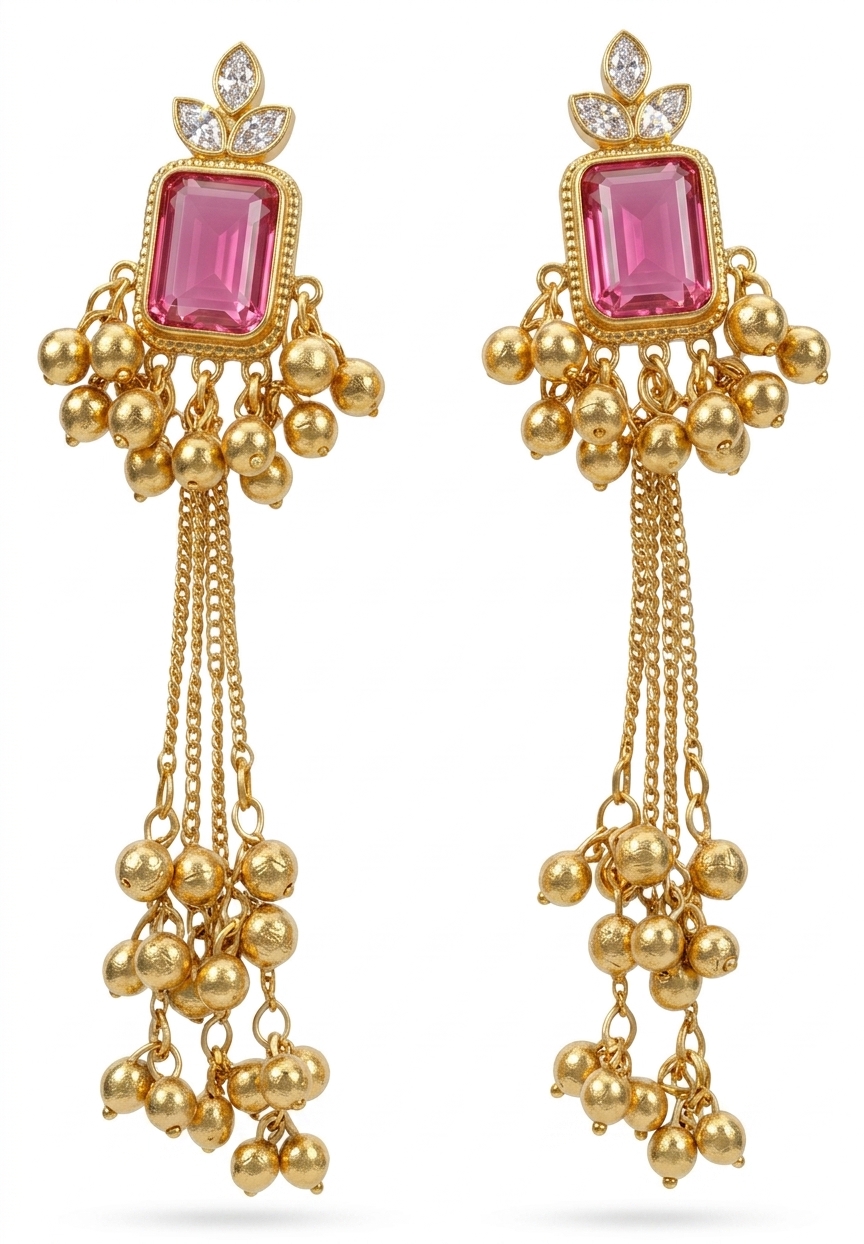 Pink Stone Gold Plated Drop Earrings