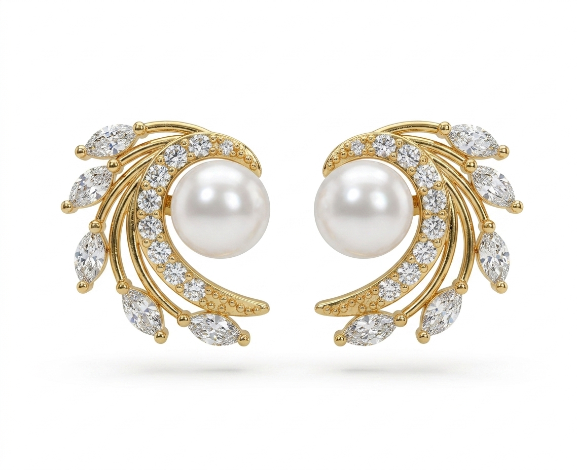 Elegant Pearl CZ Gold Plated Stud Earrings
