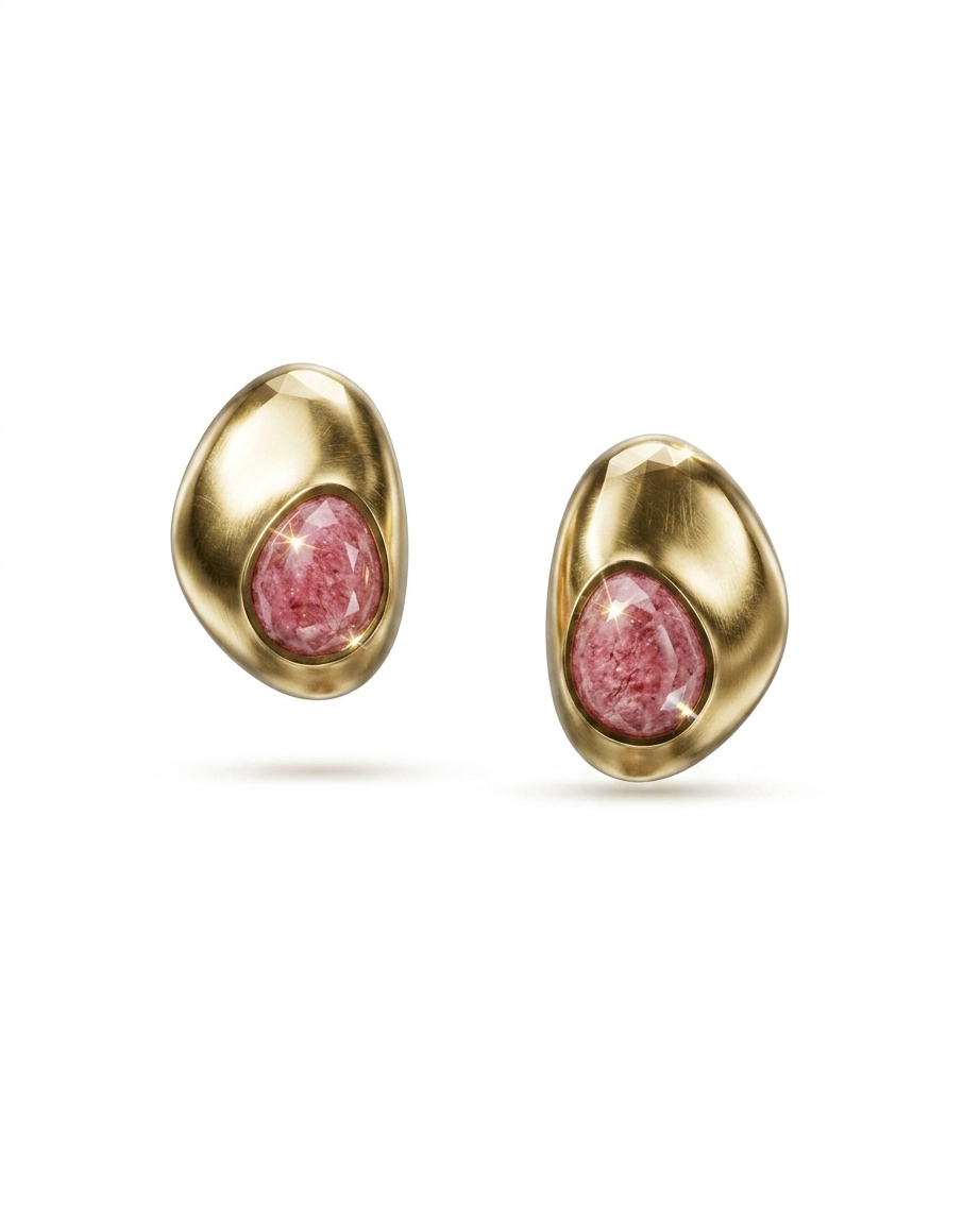 Abstract Gold Stud Earrings with Pink Stone