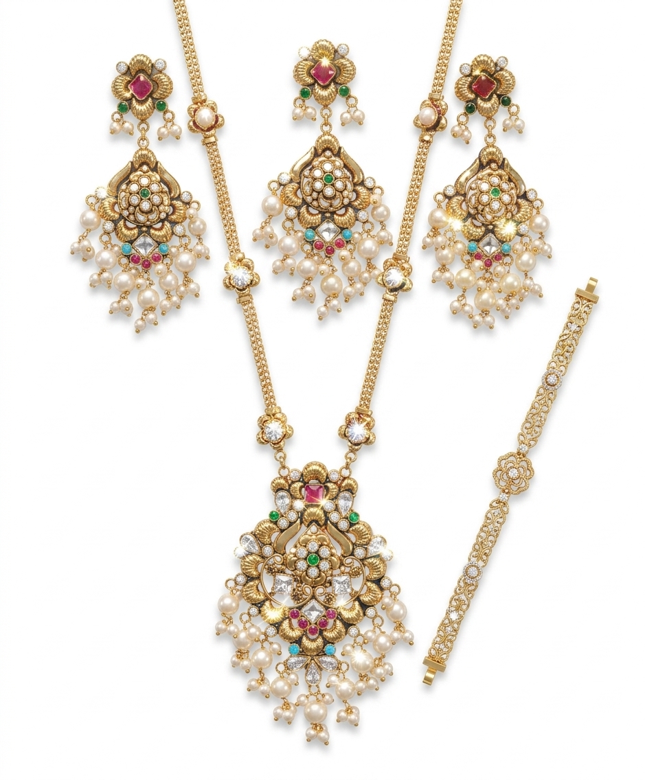 Ethnic Gold Plated Pearl Stone Jewellery Set
