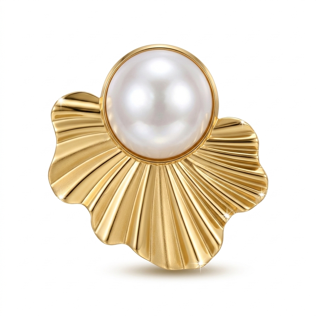 Pearl Gold Toned Fan Design Earrings