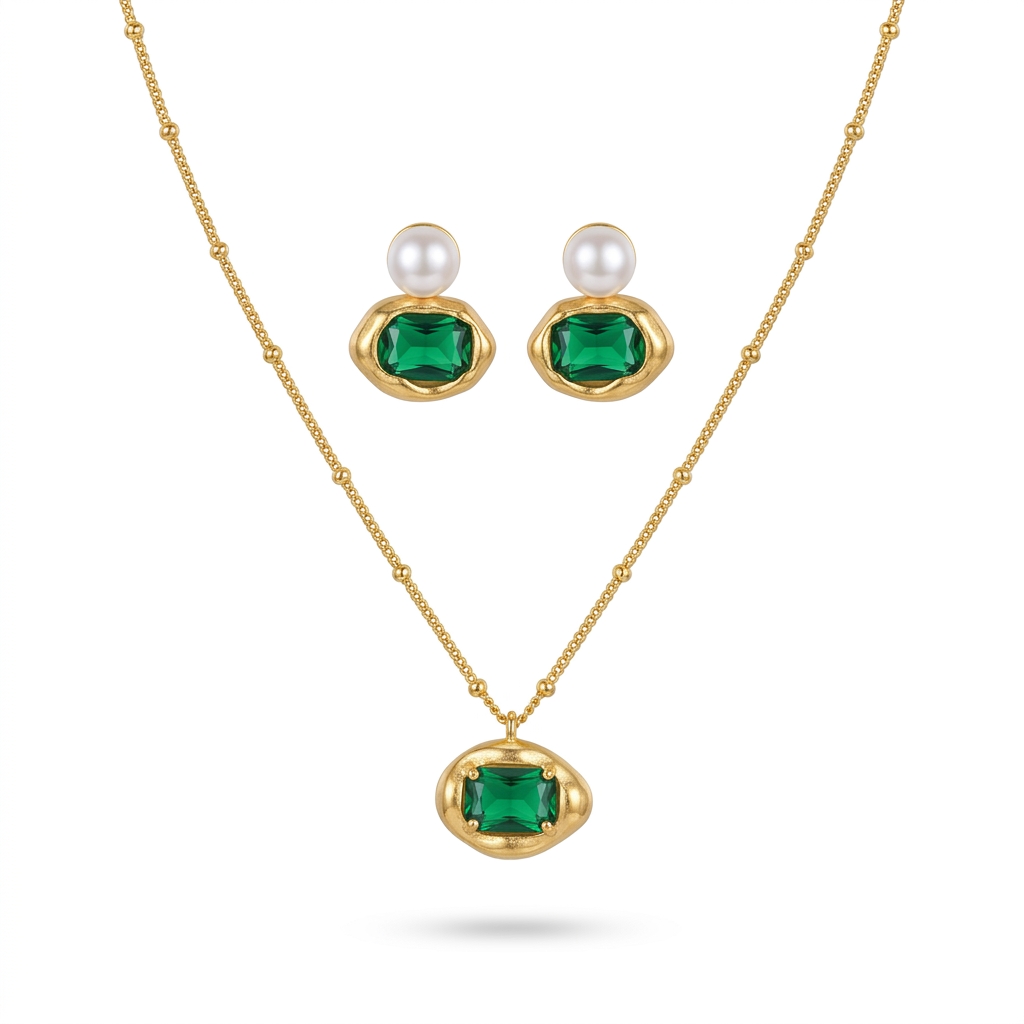 Green Stone Pearl Gold Plated Necklace Earring Set