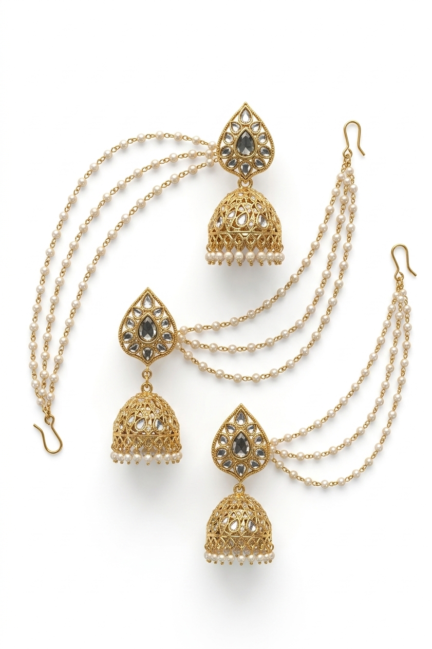 Gold Toned Kundan Pearl Jhumka Earrings with Chains