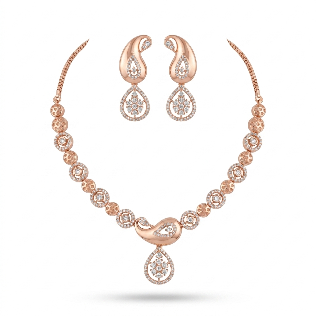 Elegant Rose Gold Plated AD Necklace & Earrings Set