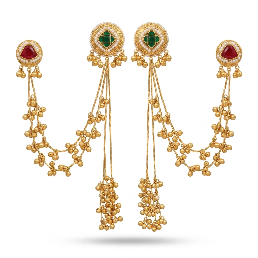 Ethnic Gold Plated Earrings with Ear Chain