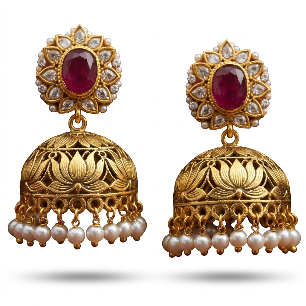 Antique Gold Plated Ruby Jhumka Earrings for Women