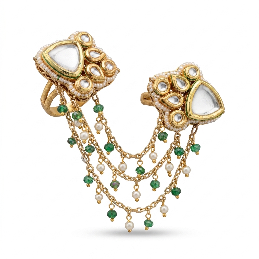 Ethnic Kundan Dual Finger Ring with Chains