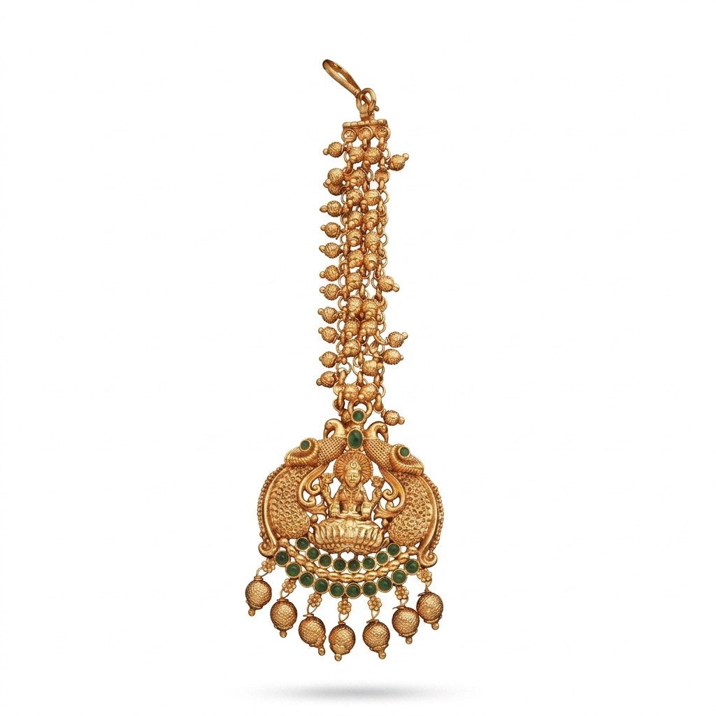 Ethnic Gold Plated Maang Tikka with Green Stones