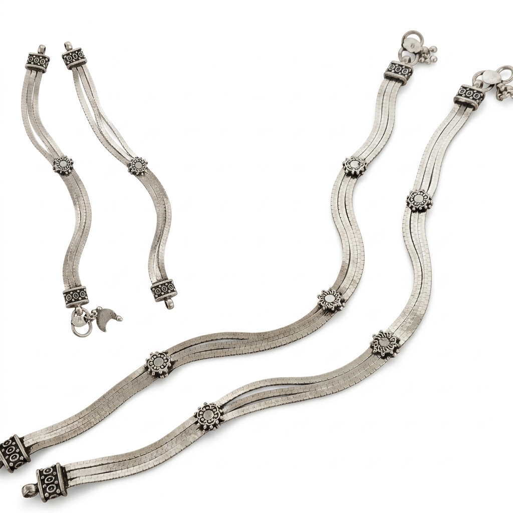 Oxidized Silver Multi-Strand Anklets | Women's Payal