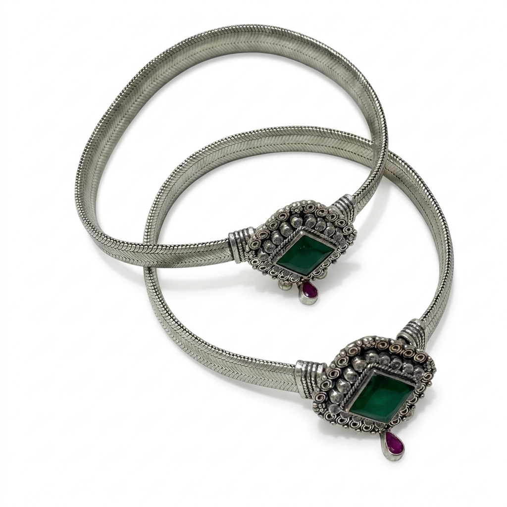 Oxidized Green Stone Anklets (Payal) for Women