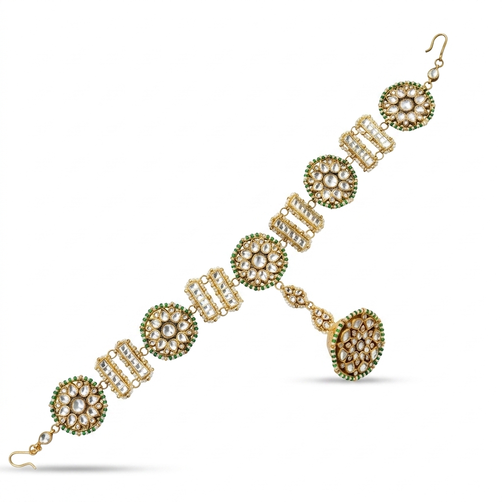 Kundan & Green Beaded Maang Tikka for Women