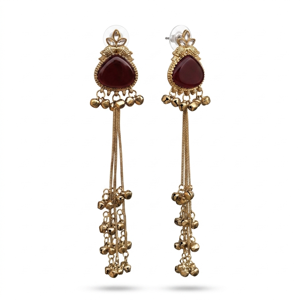 Ethnic Maroon Stone Gold Plated Ghungroo Dangler Earrings