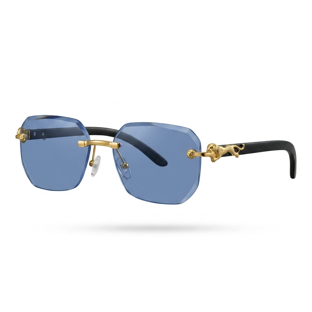 Panther Design Rimless Blue Hexagonal Sunglasses