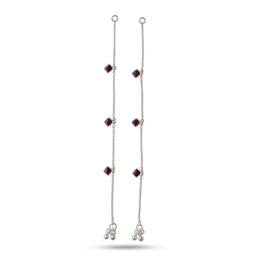 Silver Plated Ear Chain with Maroon Stones