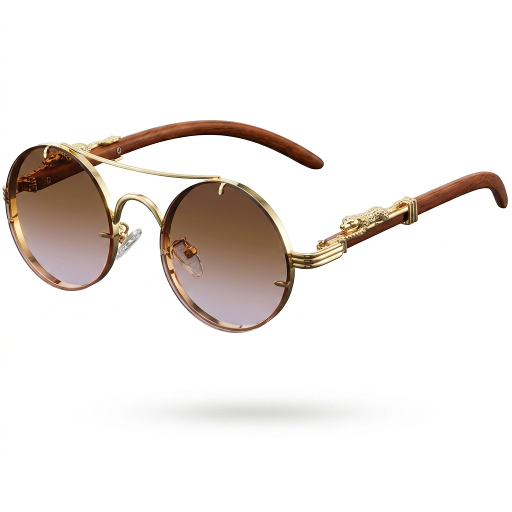 Trendy Round Sunglasses Gold Frame Wooden Temples