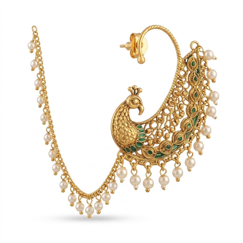 Ethnic Gold Plated Peacock Nath with Pearl Chain