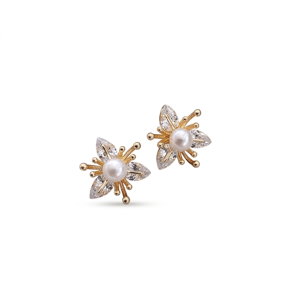 Trendy Pearl CZ Floral Stud Earrings for Women
