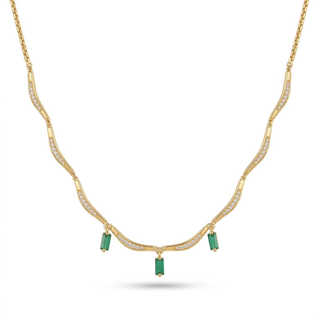 Gold Plated CZ Green Stone Wavy Necklace for Women