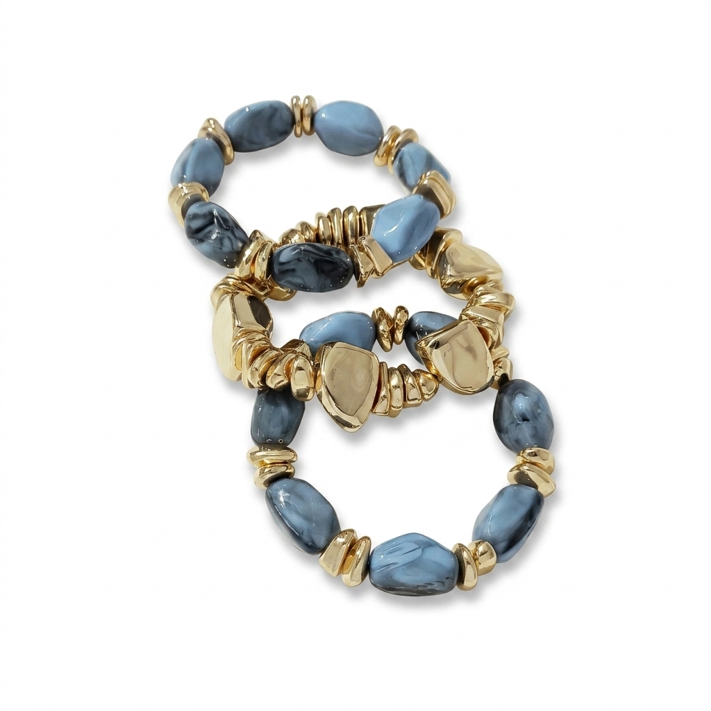 Stylish Blue Gold Beaded Bracelets Set for Women