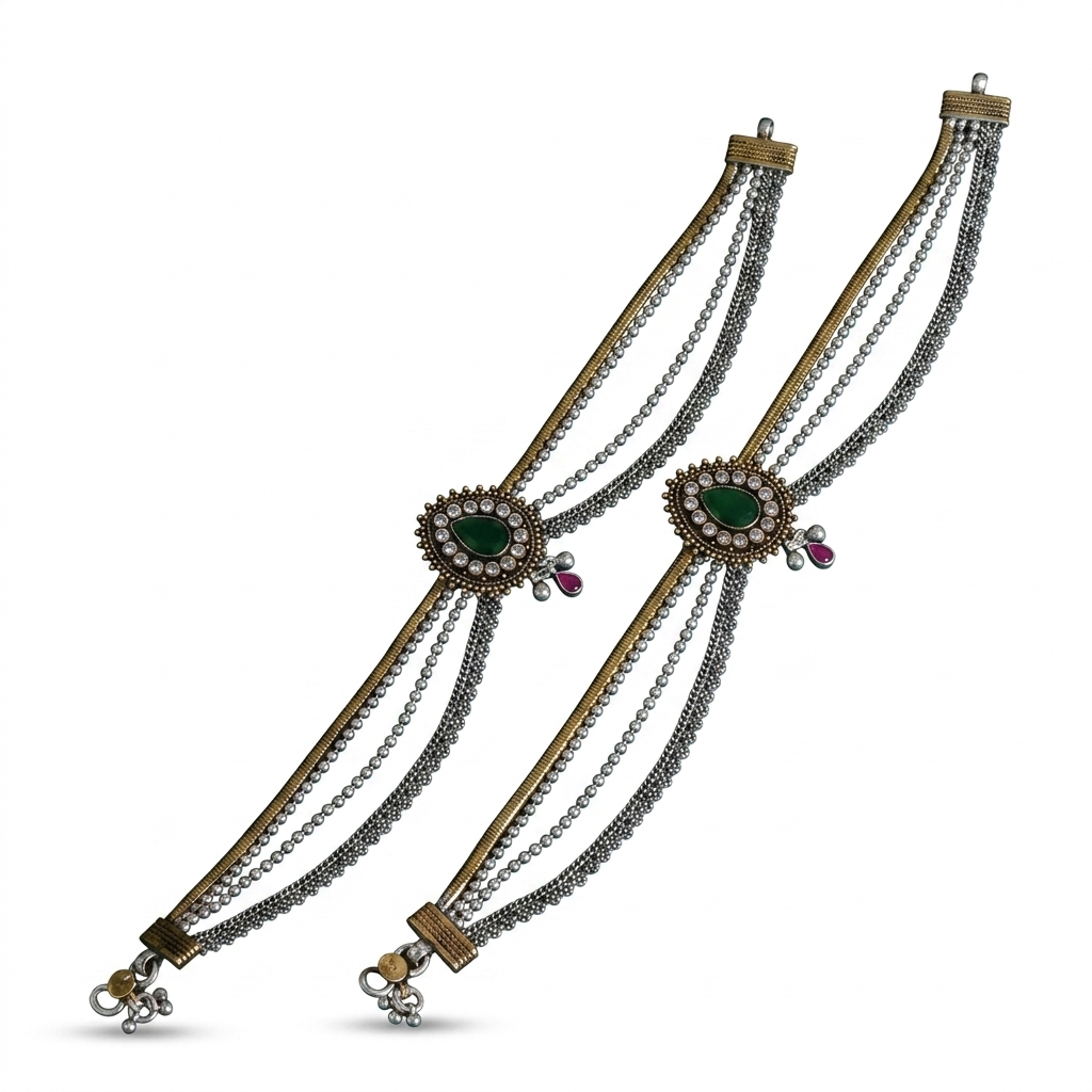 Dual Tone Oxidized Green Stone Anklets Payal