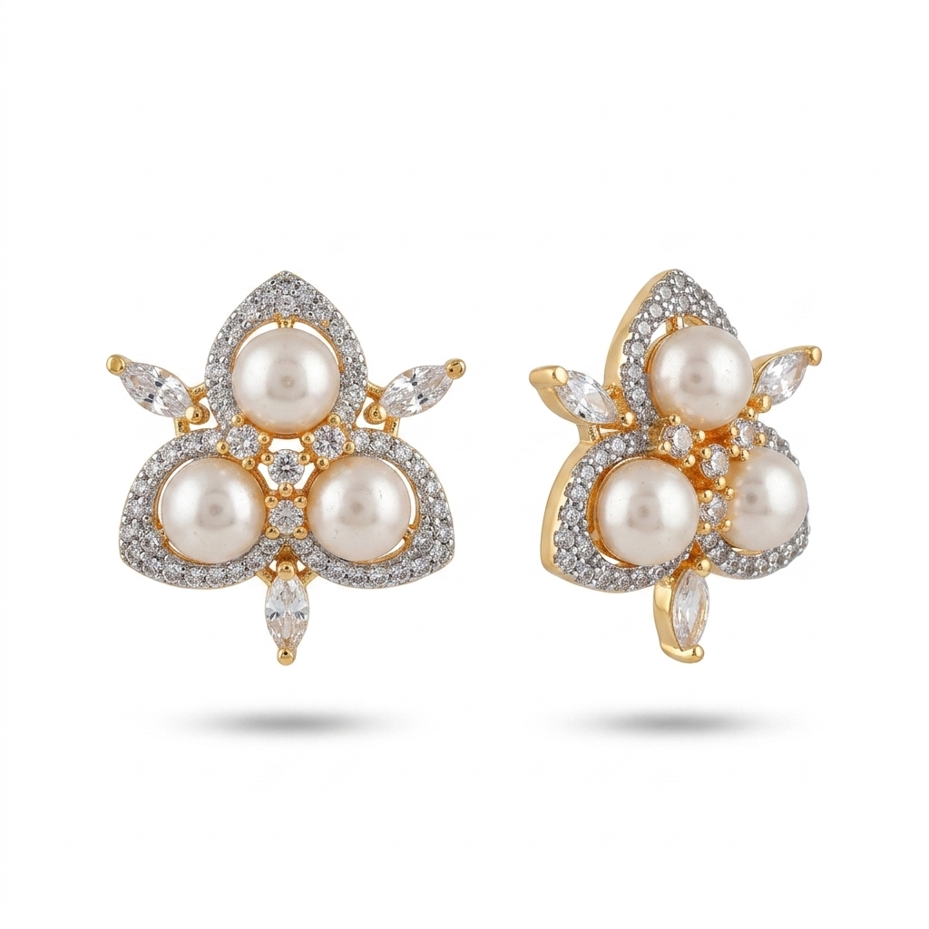 Elegant Pearl & CZ Gold Plated Stud Earrings