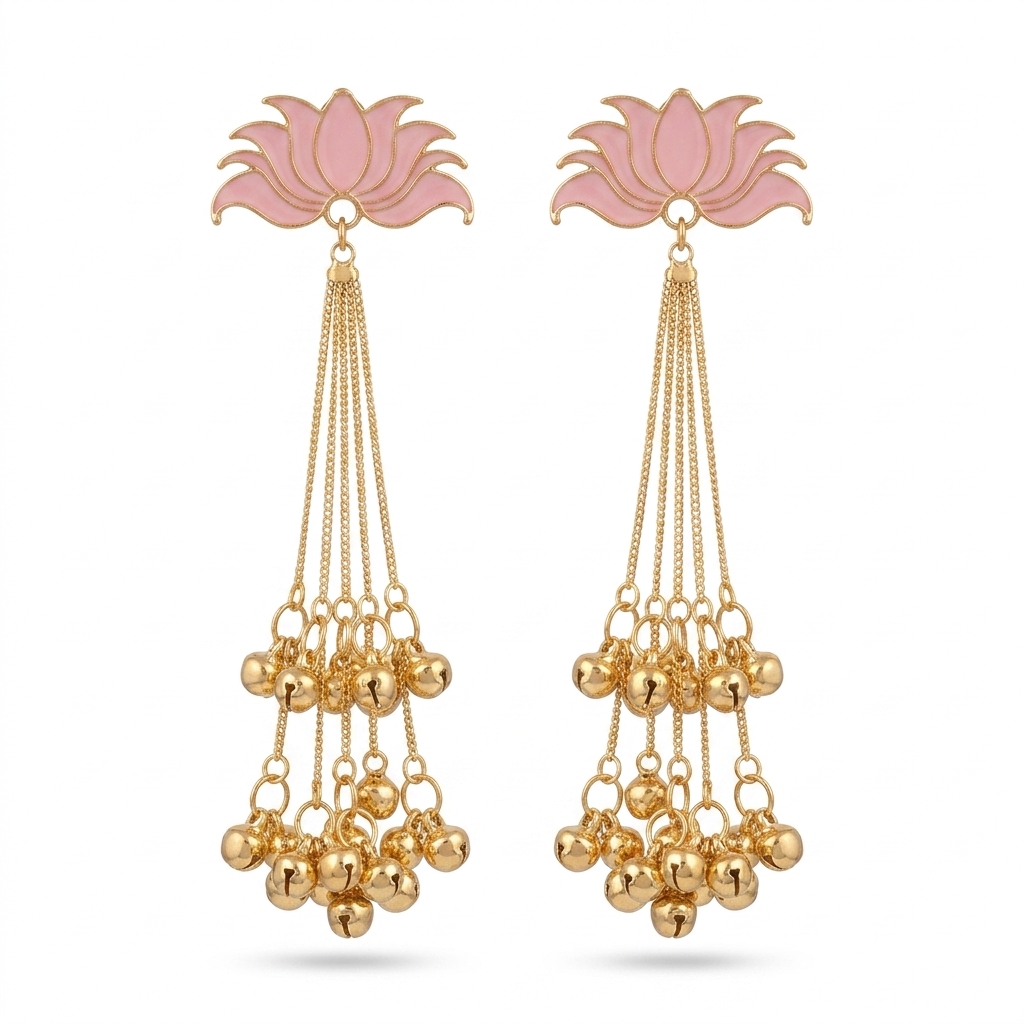 Ethnic Lotus Ghungroo Dangler Earrings Pink