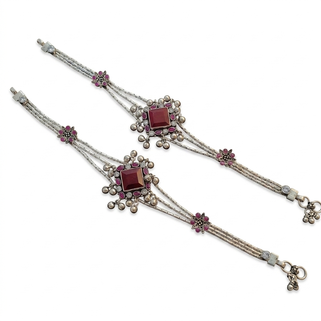Oxidized Silver Maroon Stone Anklets Payal