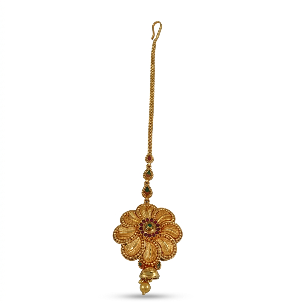 Gold Plated Floral Maang Tikka with Jhumka