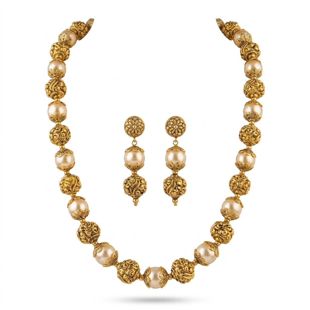 Antique Gold Plated Pearl Necklace & Earrings Set