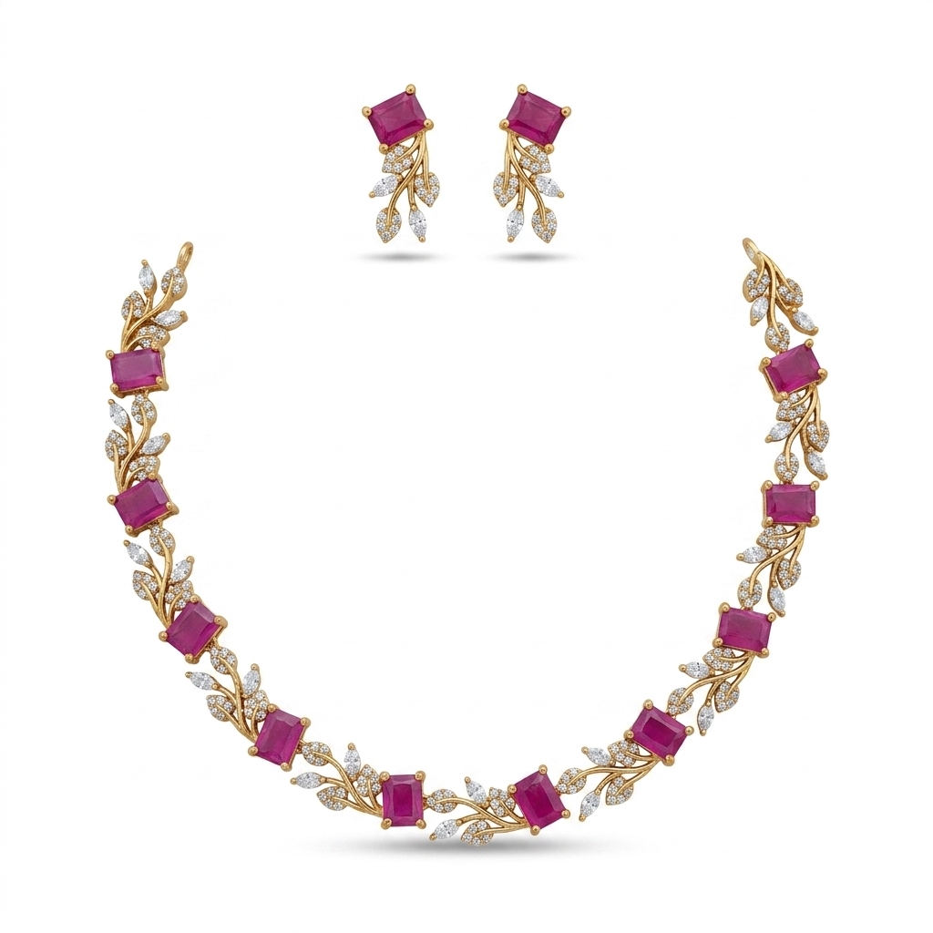 Ruby Red Stone CZ Gold Plated Necklace Earrings Set