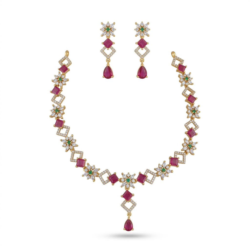 Traditional Ruby Emerald AD Necklace Set