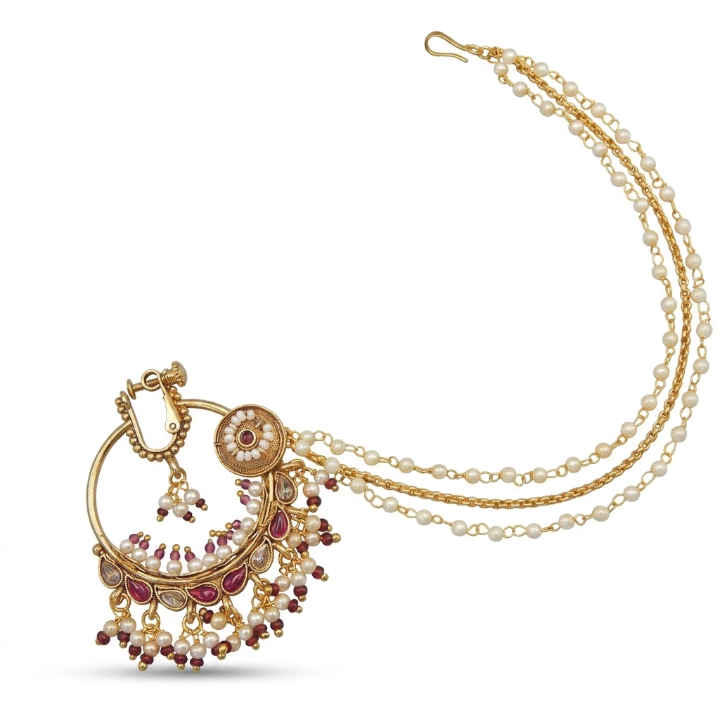 Elegant Pearl & Stone Indian Nath with Chain