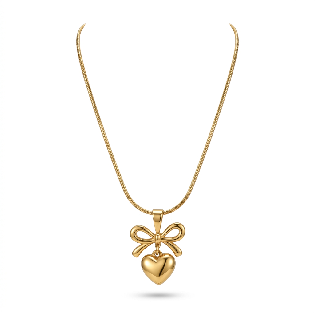 Gold Plated Bow Heart Pendant Necklace for Women