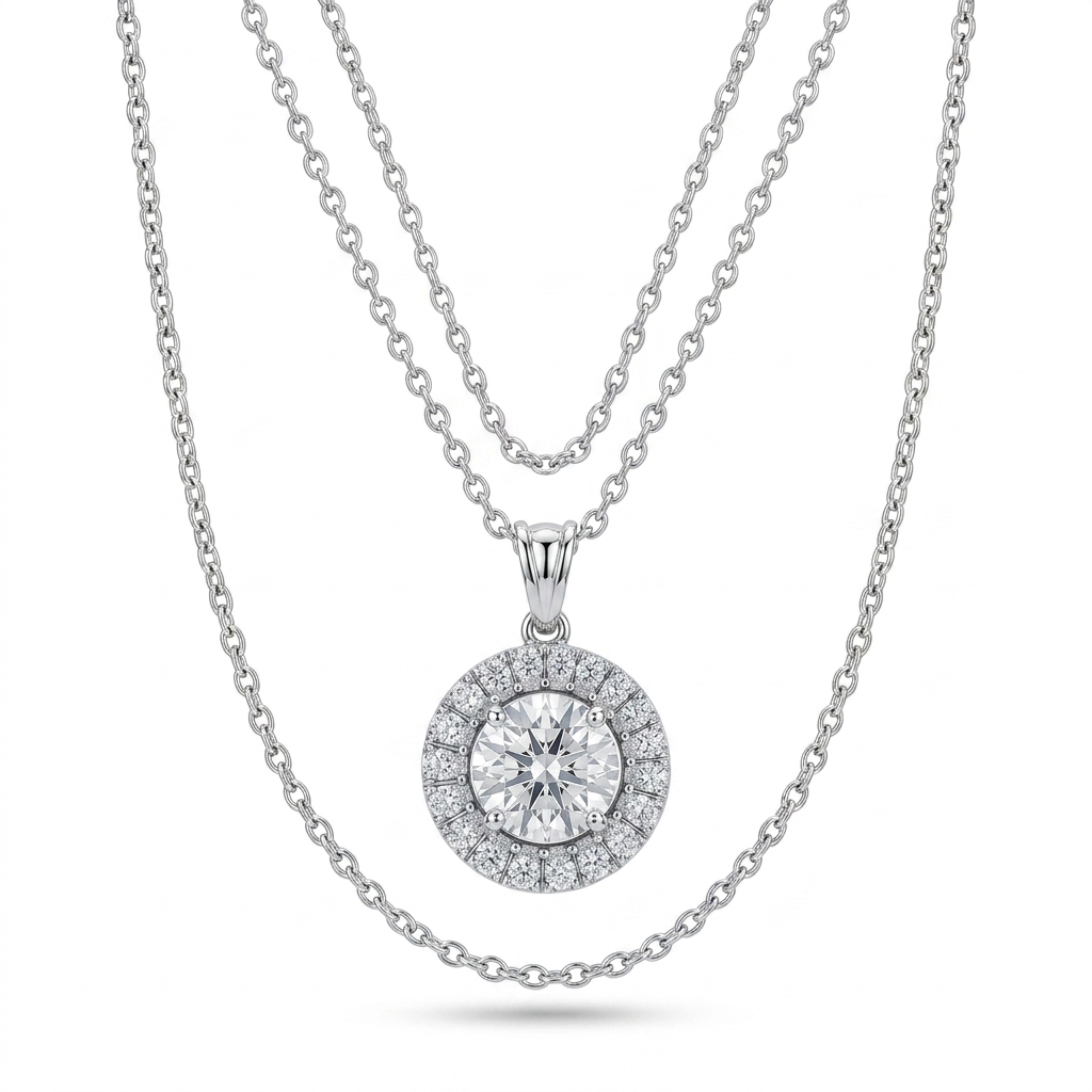 Silver Plated CZ Stone Halo Pendant Necklace