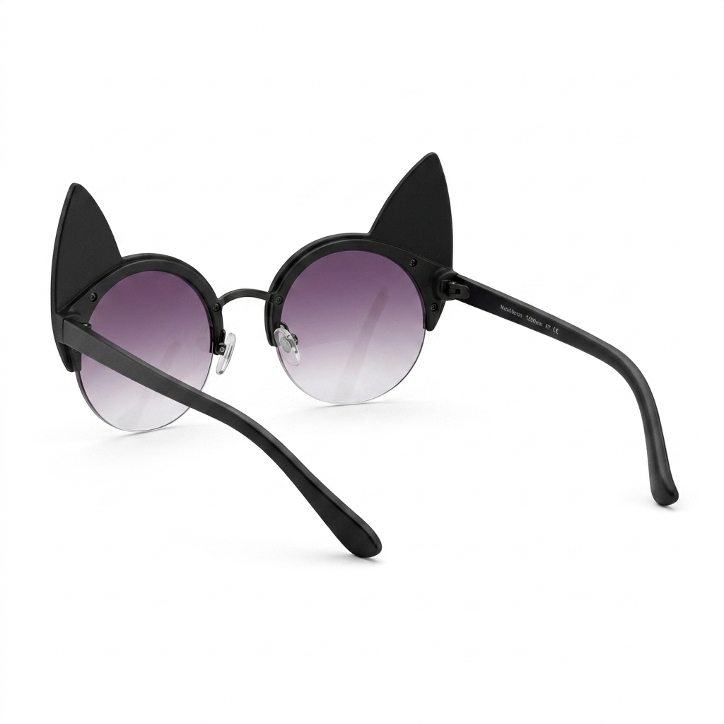 Cat Ear Round Half-Rim Sunglasses - Black