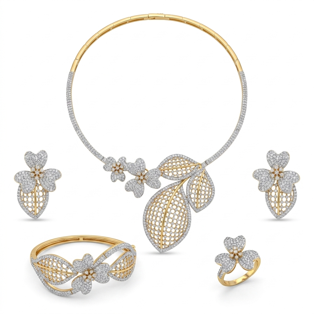Floral Gold White CZ Jewellery Set for Women