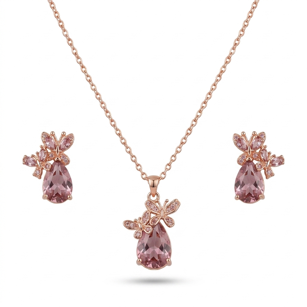 Elegant Rose Gold Plated Butterfly Pink Stone Necklace