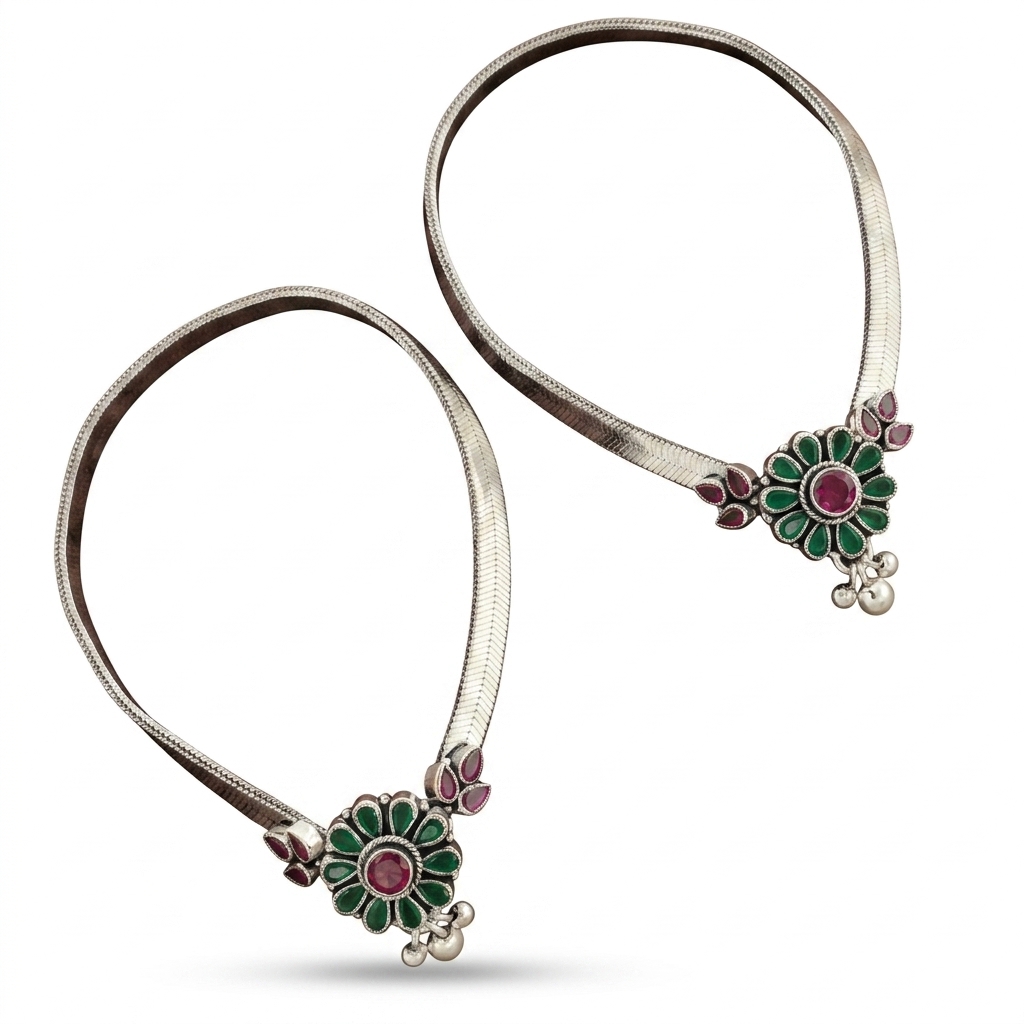 Stone Embellished Oxidized Anklets (Pair)