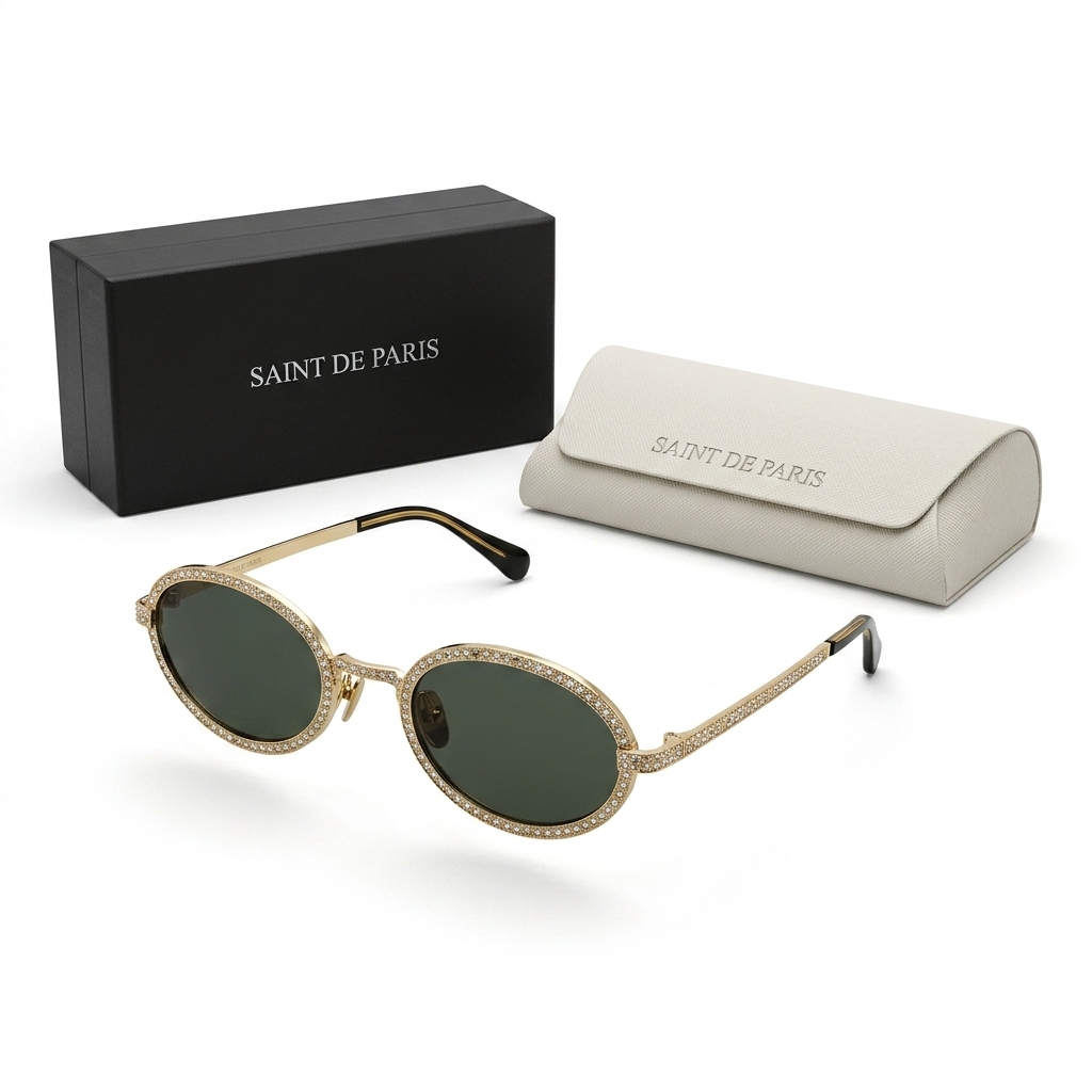 Crystal Studded Gold Oval Sunglasses