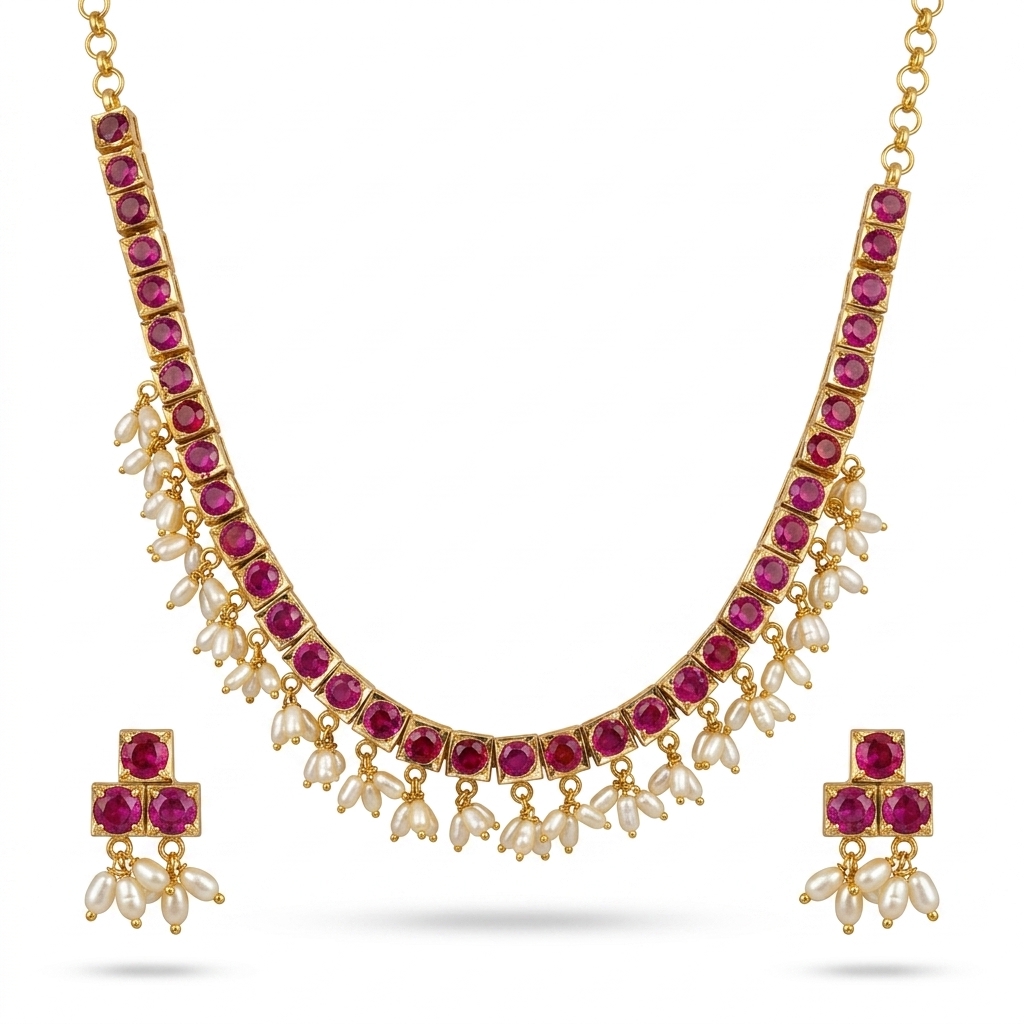 Elegant Ruby & Pearl Gold-Plated Necklace Set
