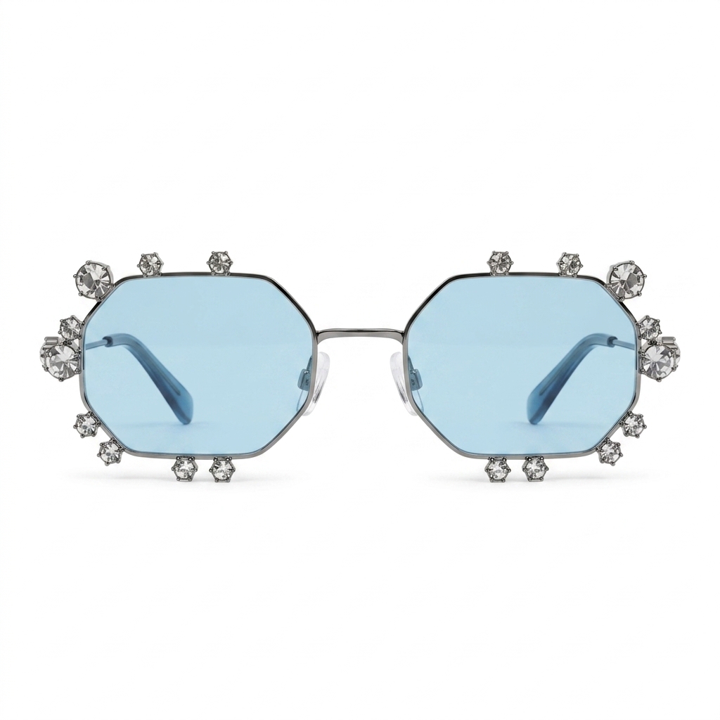 Fancy Crystal Embellished Octagonal Sunglasses Blue