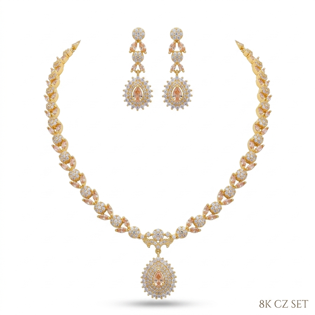 Elegant Gold Plated CZ Necklace Set with Earrings
