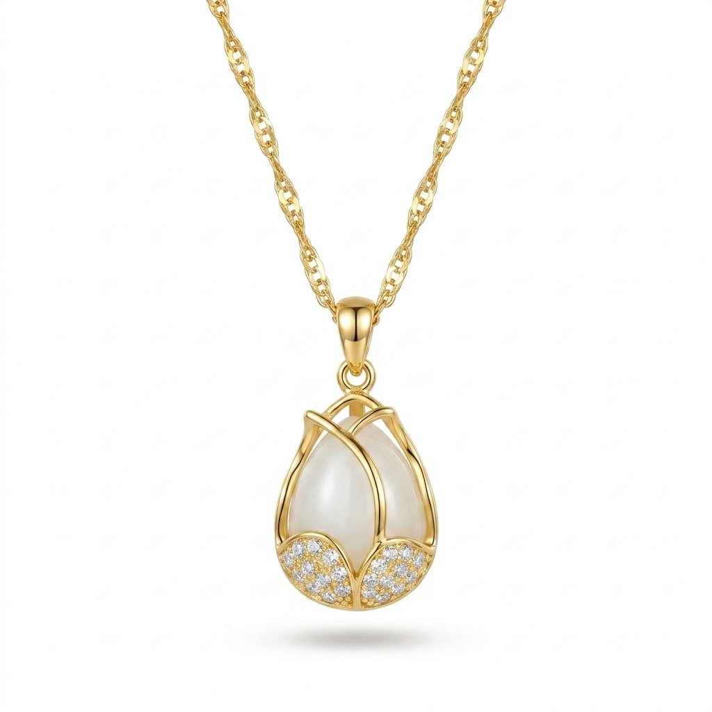 Gold Plated Pearl & CZ Tulip Pendant Necklace for Women