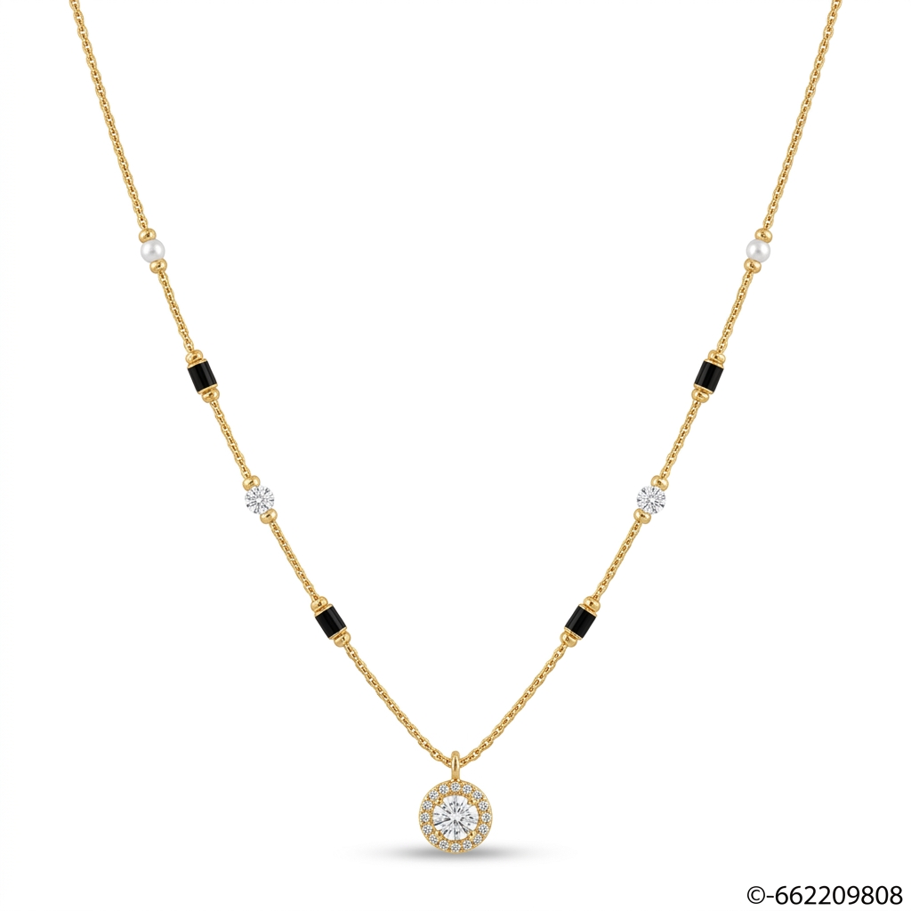 Elegant Gold Plated CZ Pearl Black Bead Necklace