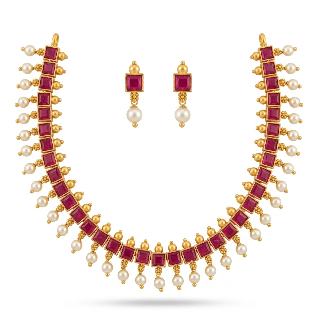 Traditional Ruby Pearl Necklace & Earring Set